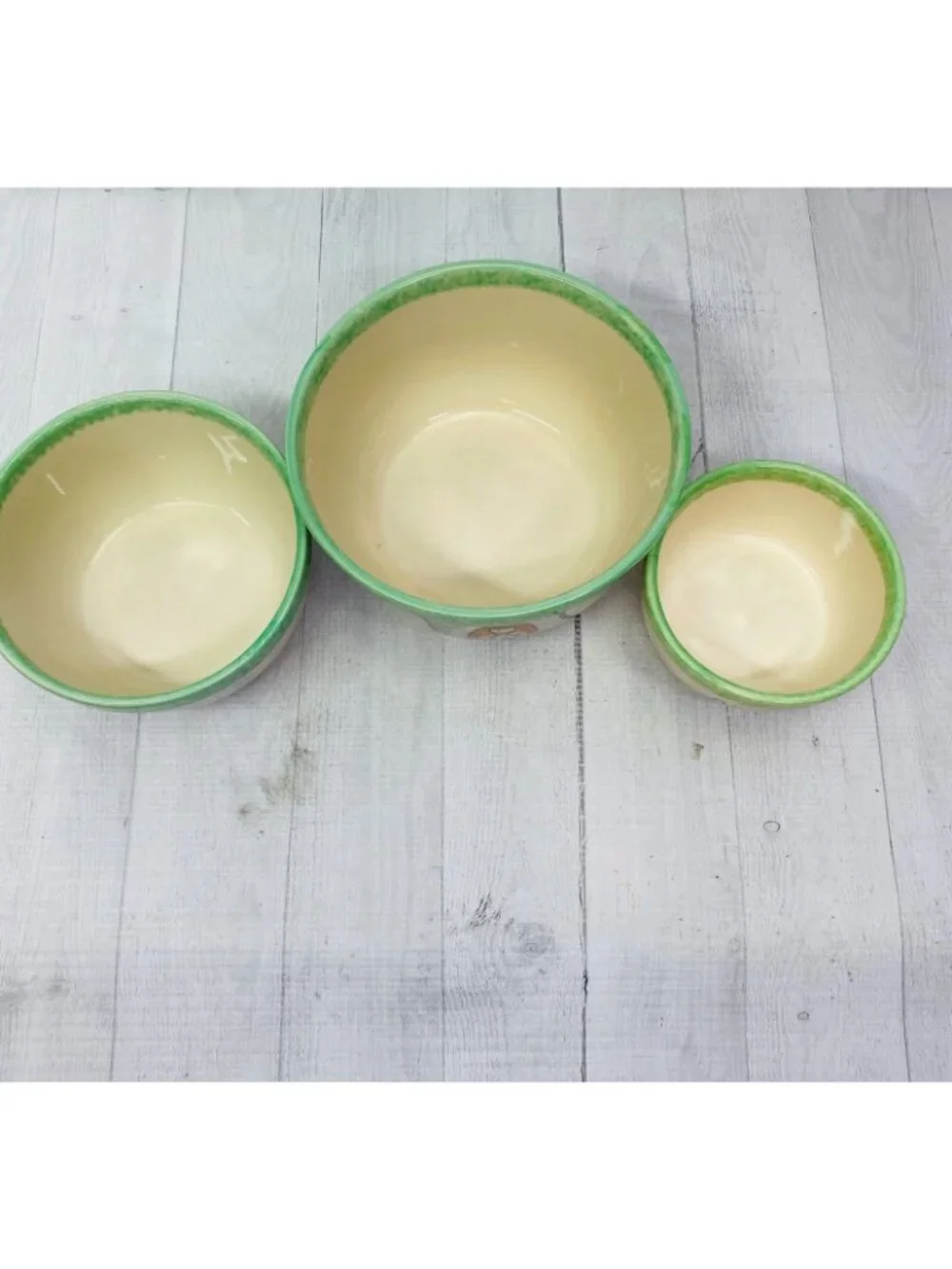 Vintage Vital Unit ANGELS GREEN SPONGE Clouds Stars Stoneware Nesting Bowl Set 3
